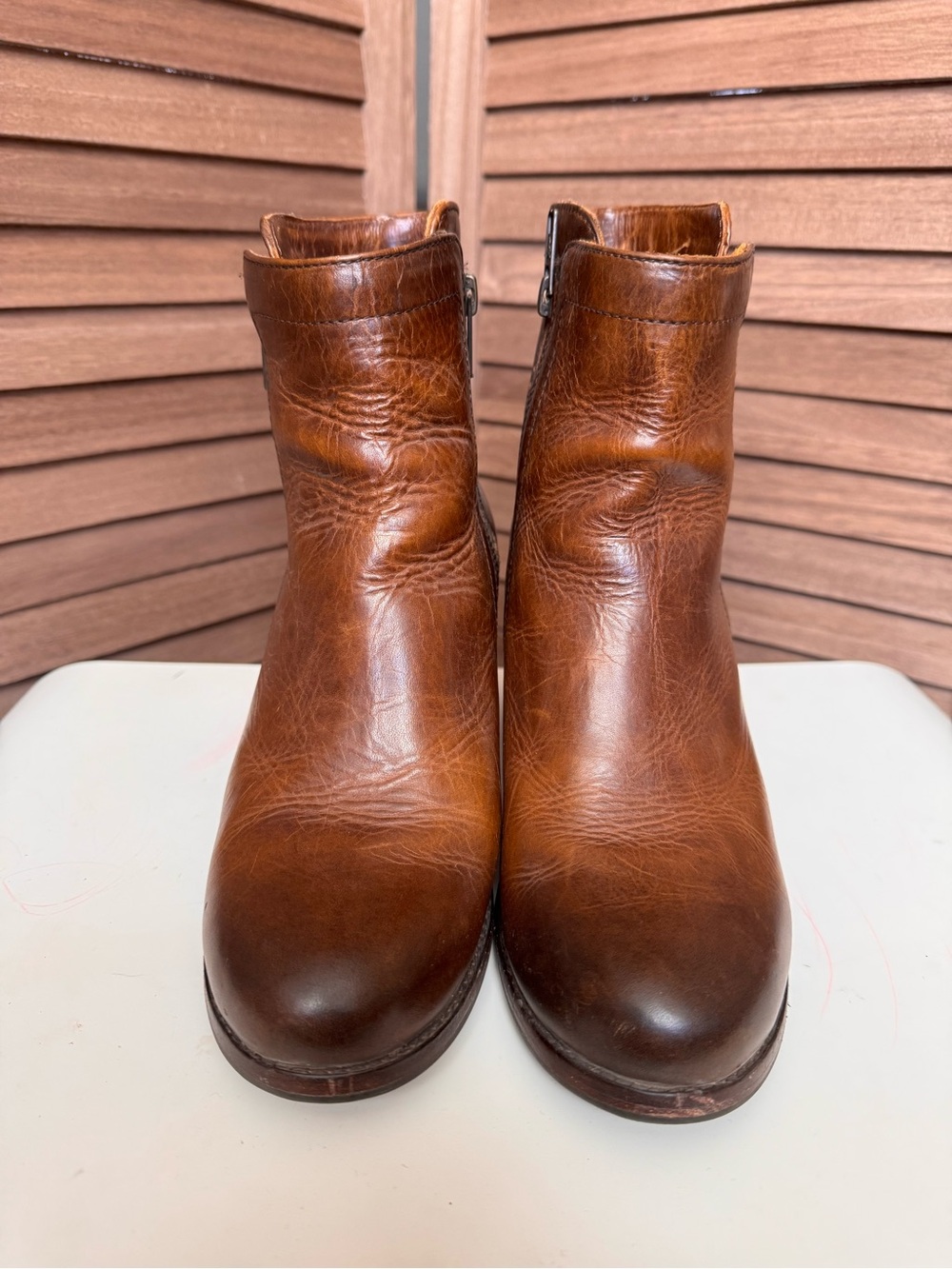 Frye Cognac Brown Leather Side Zip Ankle Boots Size 7B